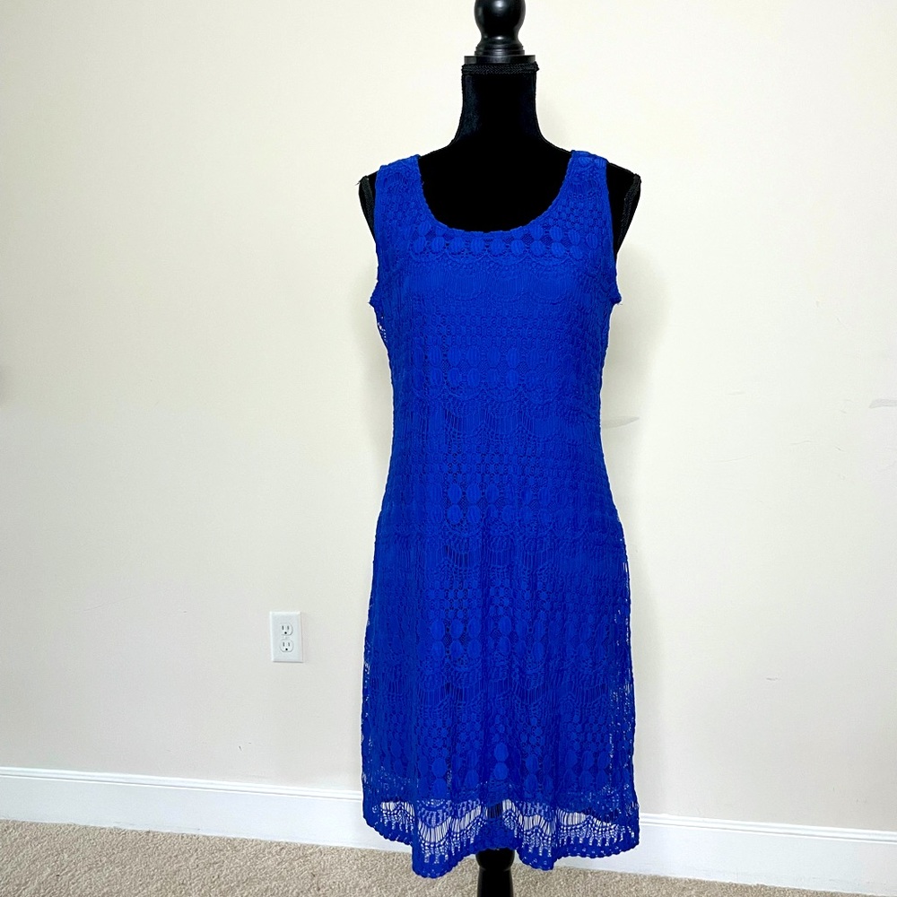 Tiana B. Blue Sheath Dress with Lace Overlay